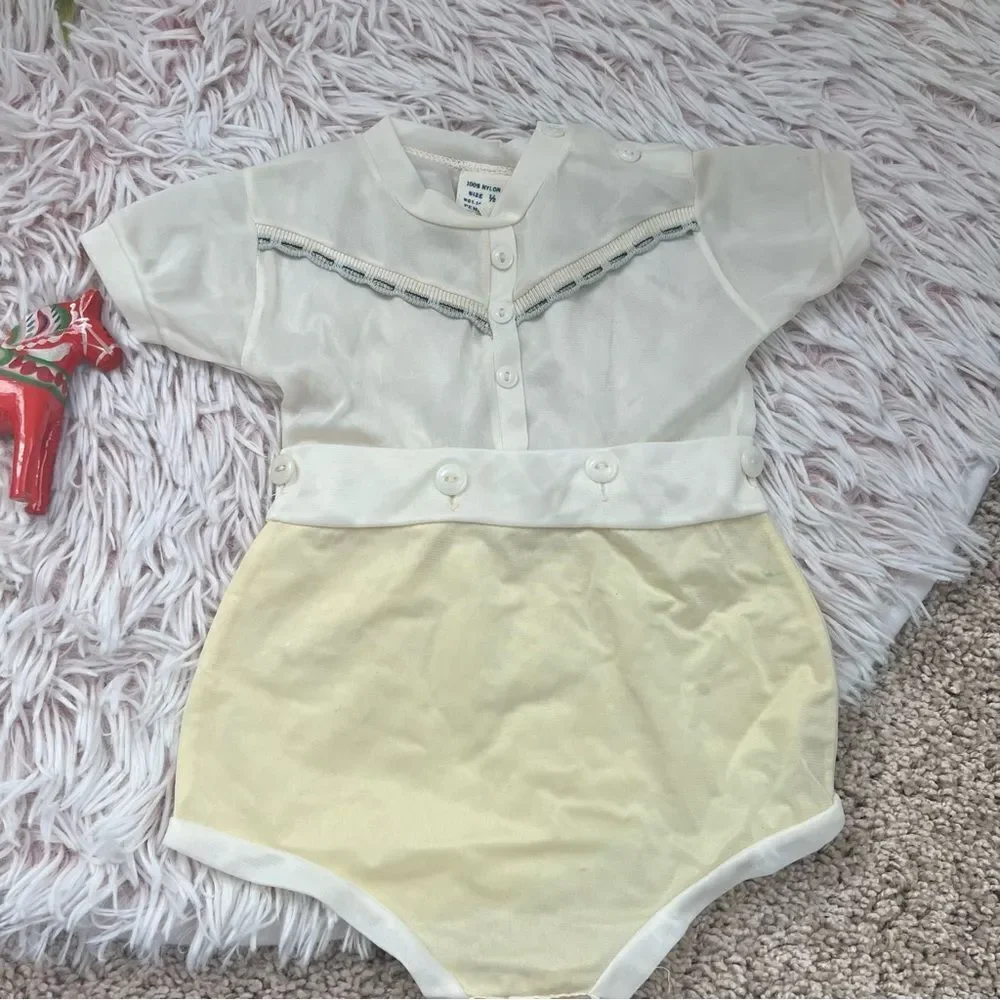 Vintage JC Penney’s ToddleTime Yellow Off White Romper Boy Sz 1/2 14-18 Lbs 6 Mo
